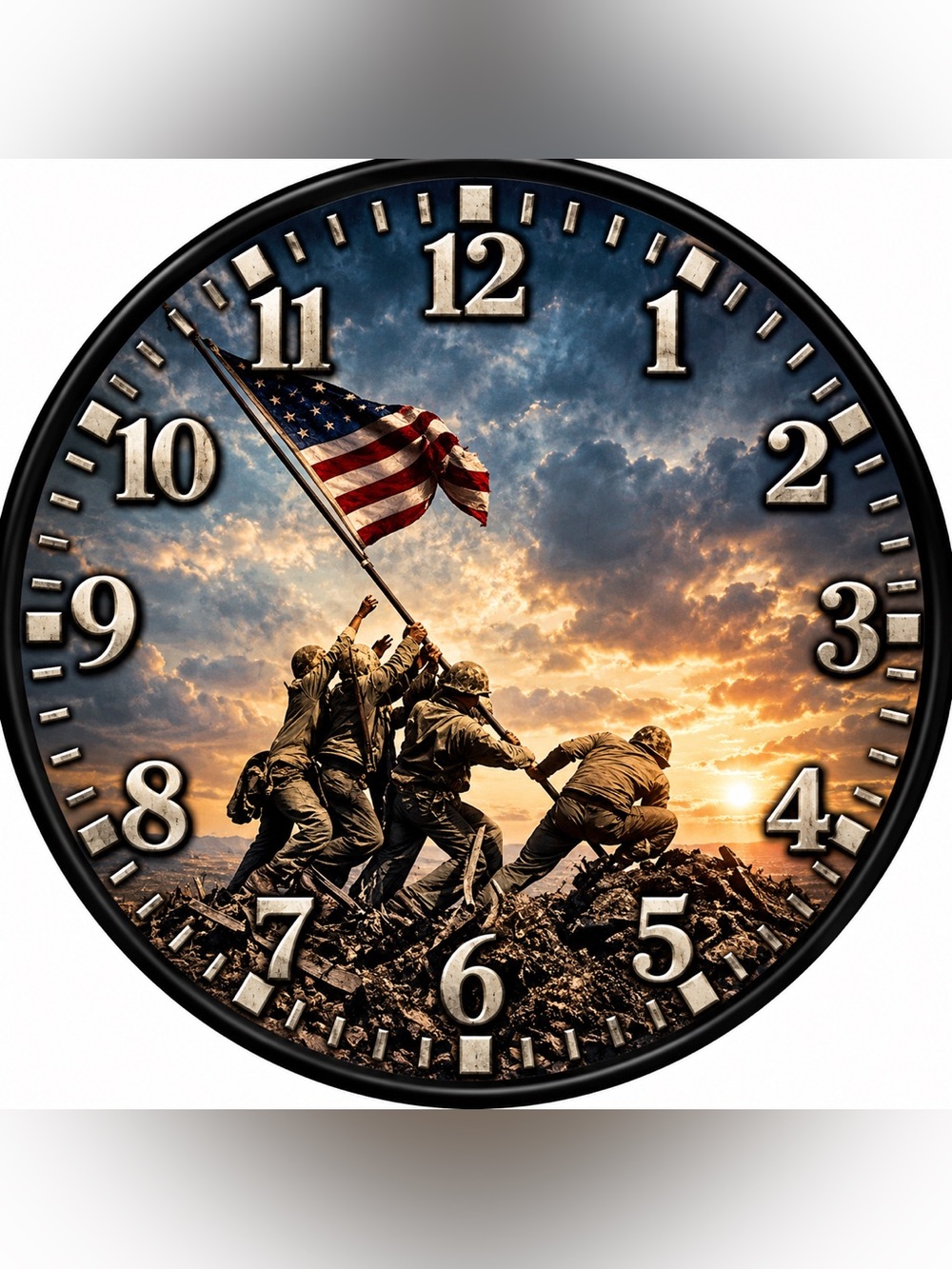 Patriotic Iwo Jima Wall Clock - American Flag Sunset (Brown, Blue)